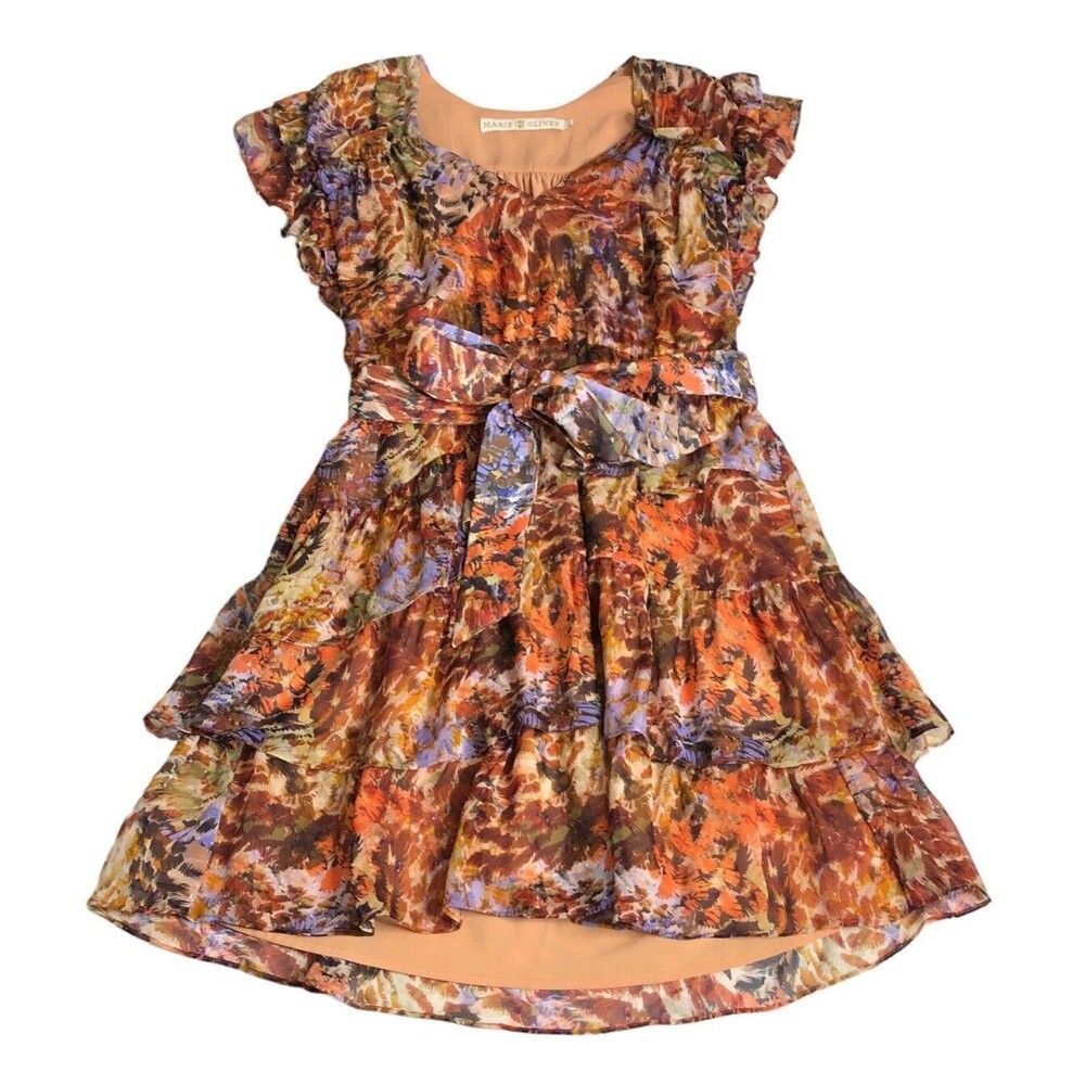 Marie Oliver Thea Silk Mini Dress Womens S Metallic Tiered Ruffle‎ Belted Boho